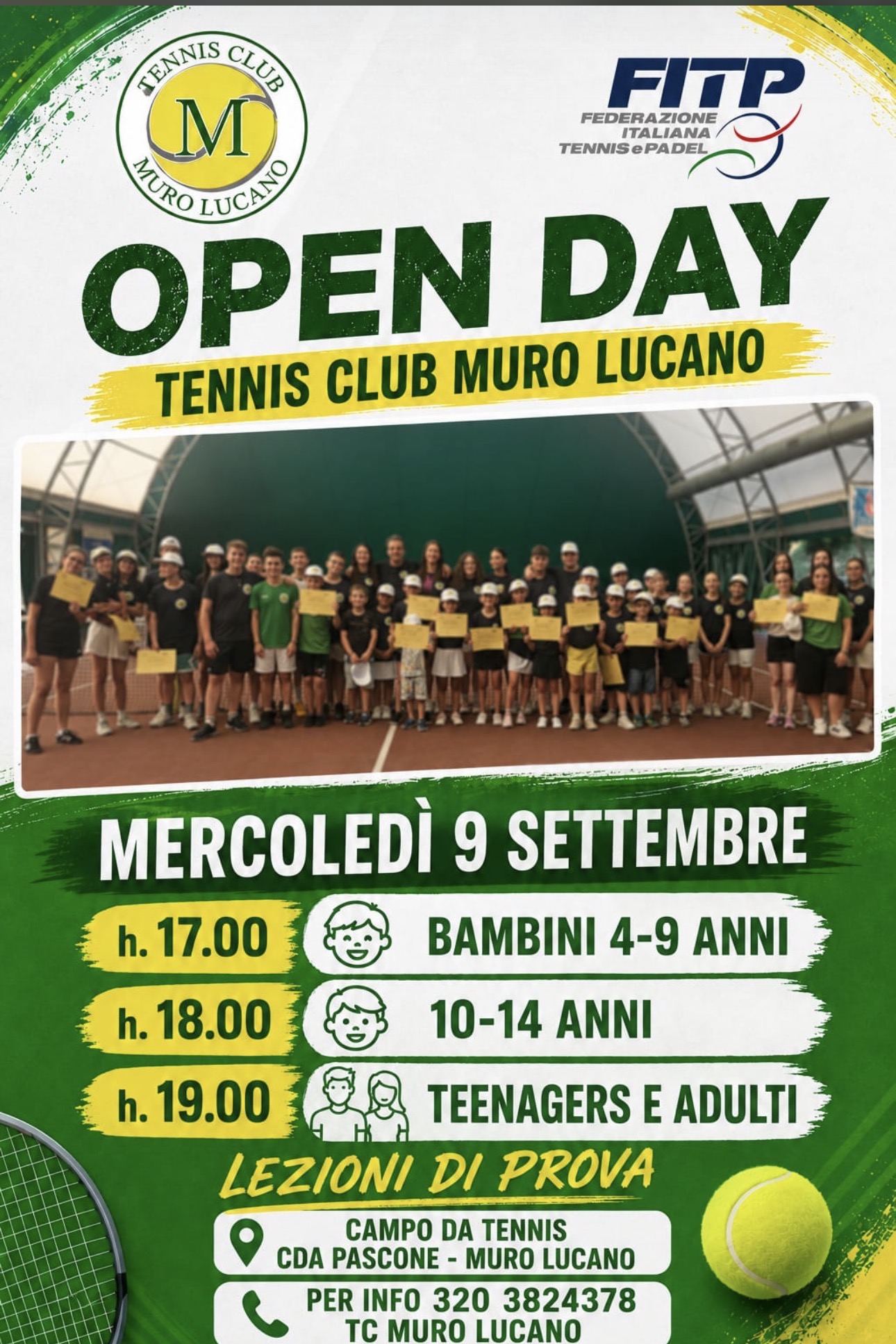 Illustrazione: Riparte la scuola tennis: il 9 settembre torna l’Open Day del Tennis Club Muro Lucano