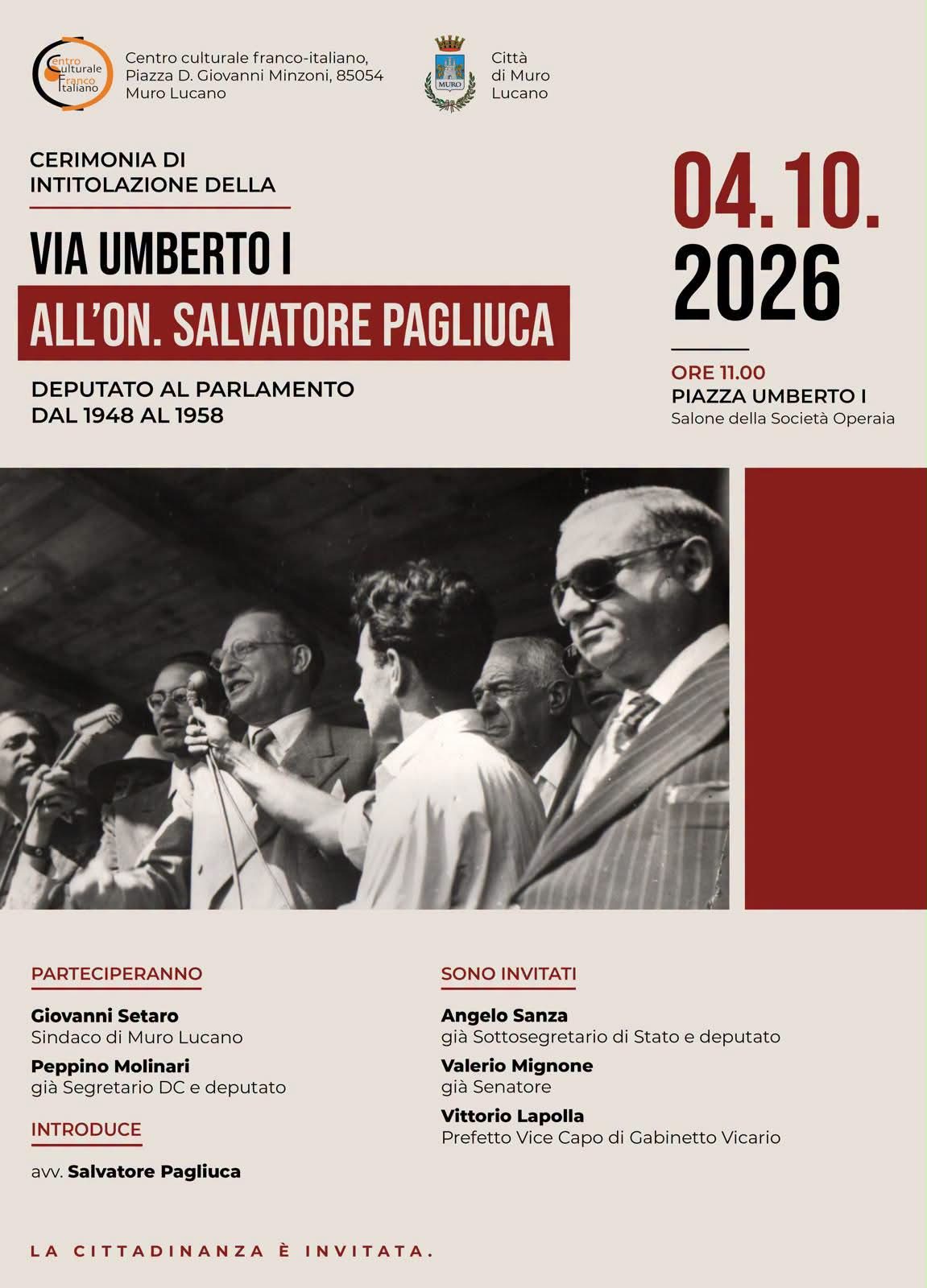 Illustrazione: Muro Lucano ricorda l'on. Salvatore Pagliuca: domenica 4 ottobre la cerimonia di intitolazione