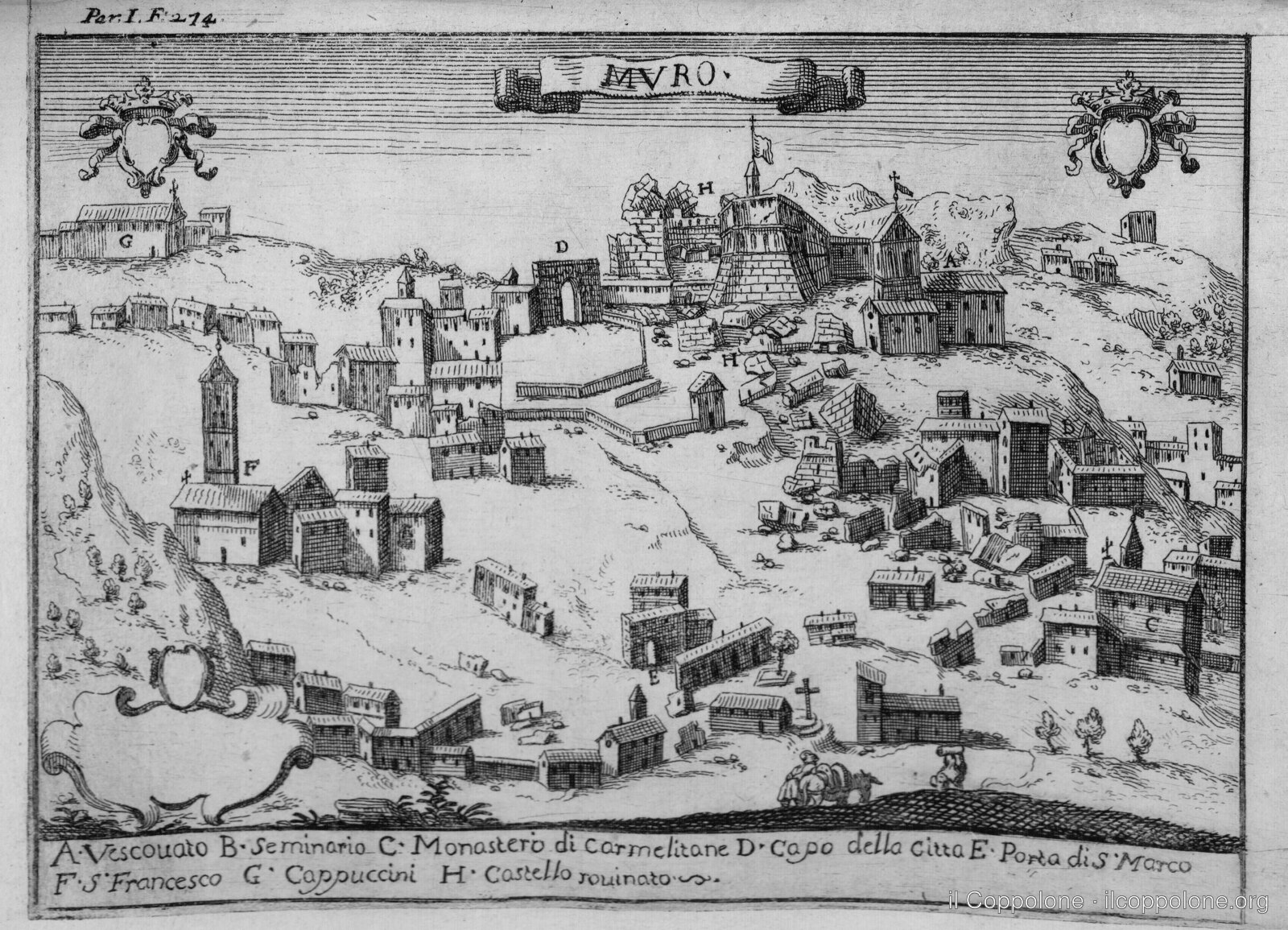 La più antica veduta conosciuta di Muro: l'incisione del «Regno di Napoli in prospettiva» dell'abate Pacichelli (1703). Nella legenda, il vescovato, il seminario, la porta di San Marco e il «castello rovinato» dal terremoto del 1694. Pubblico dominio (Università di Siviglia).